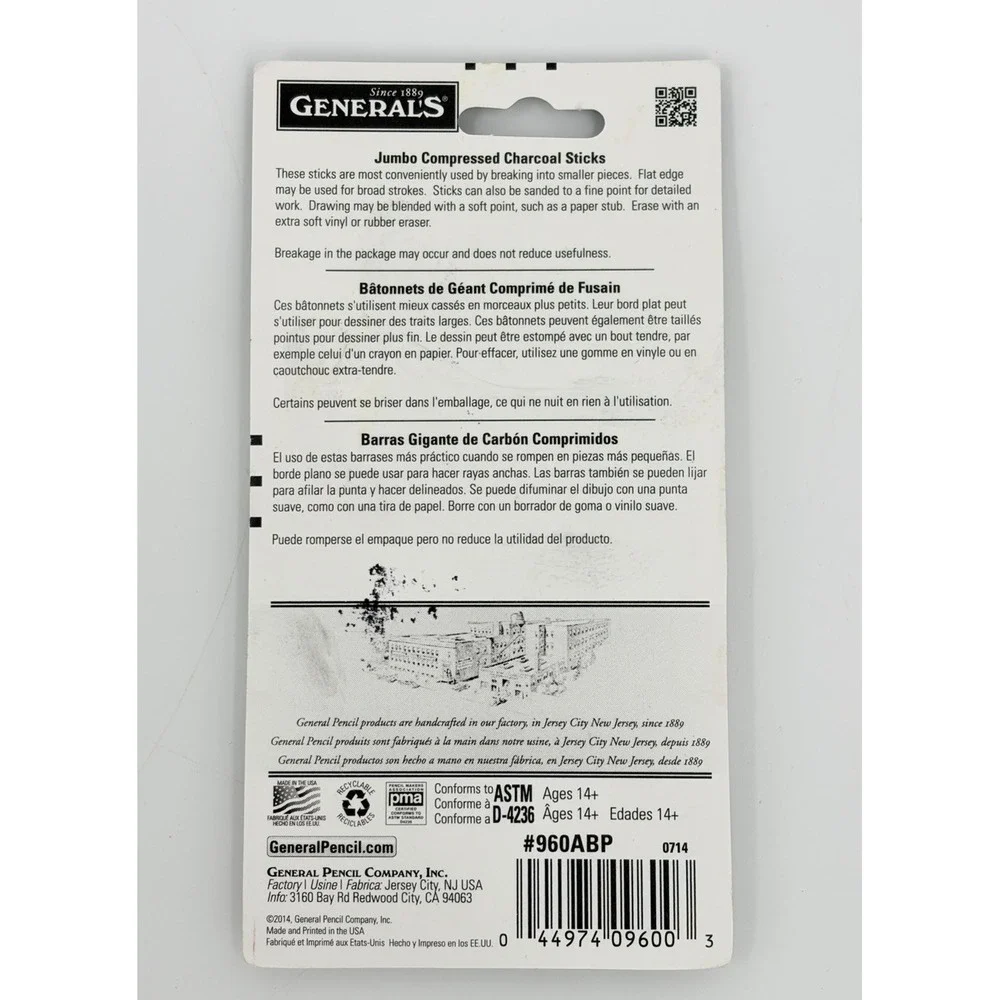 General's Jumbo Compressed Charcoal Sticks 3 Pack Black 2B 4B 6B #960ABP